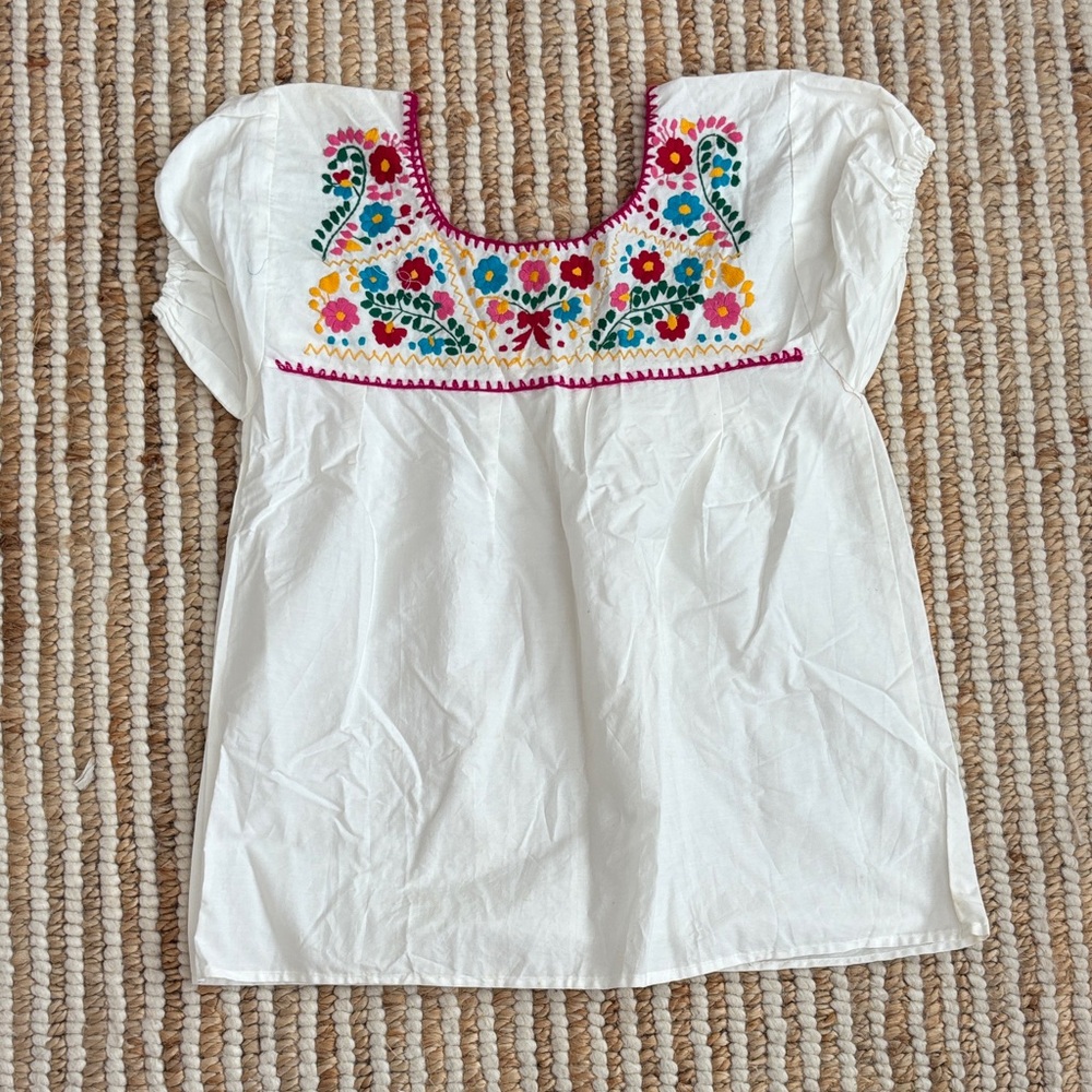 White Embroidered Blouse with Multicolor Floral Design